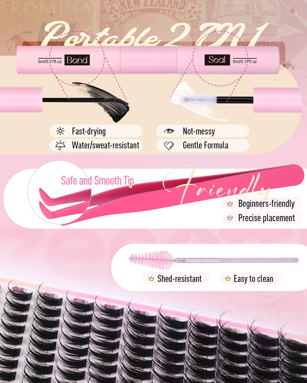 Zenotti Manga Lash Clusters Kit 360° brush enables smooth, precise application.