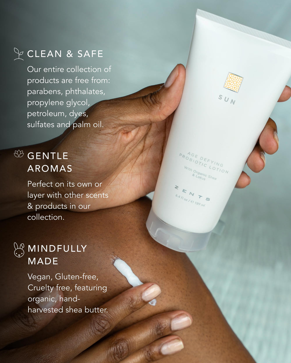 Zents Age-Defying Lotion Sun shea butter nourishes dry skin and improves softness.