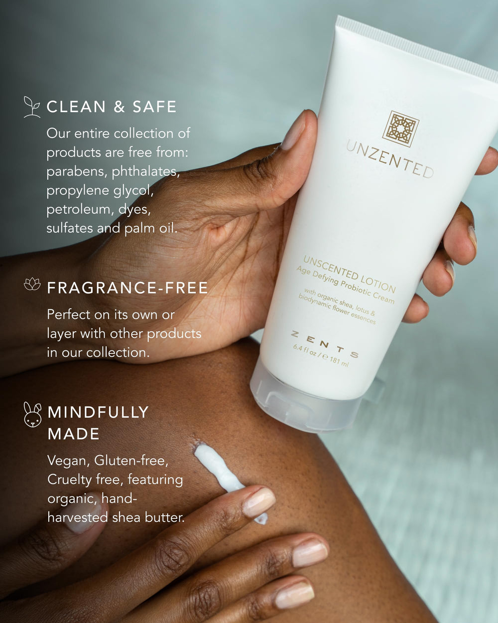 Applying Zents lotion to damp skin after shower for rapid absorption and comfort.