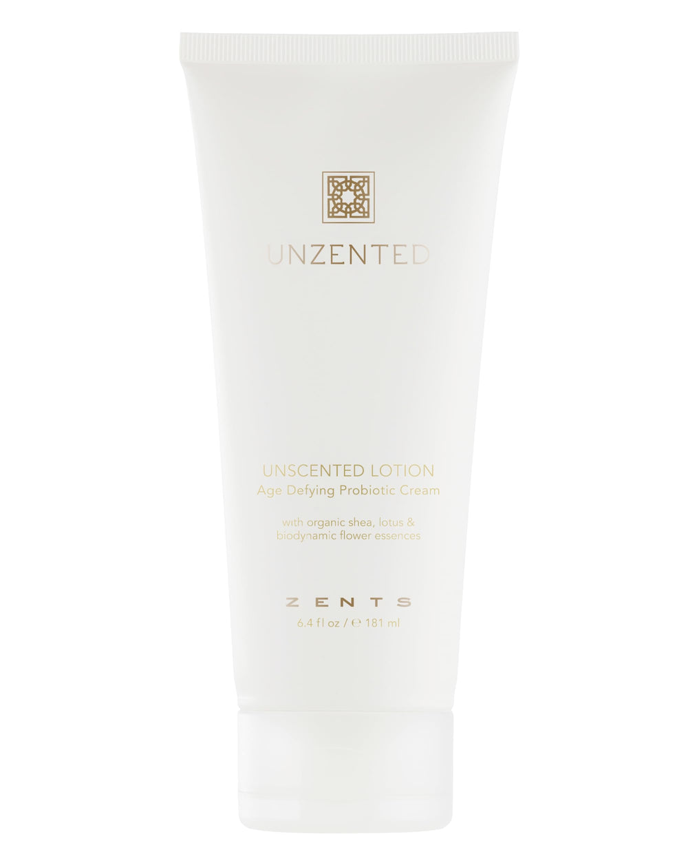 Zents Age-Defying Probiotic Lotion bottle shows fragrance-free hydrating formula for sensitive skin.