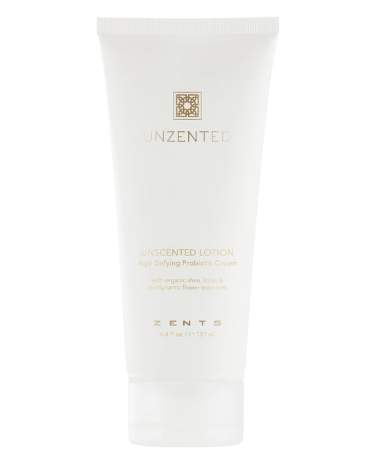 Zents Age-Defying Probiotic Lotion bottle shows fragrance-free hydrating formula for sensitive skin.