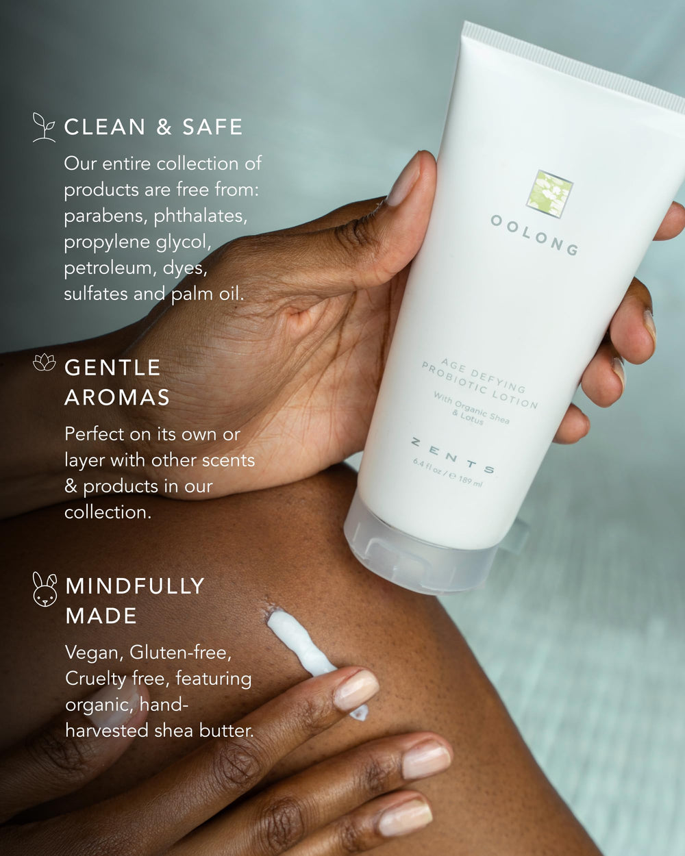 Body application with Zents Age-Defying Lotion shows even, nourished skin