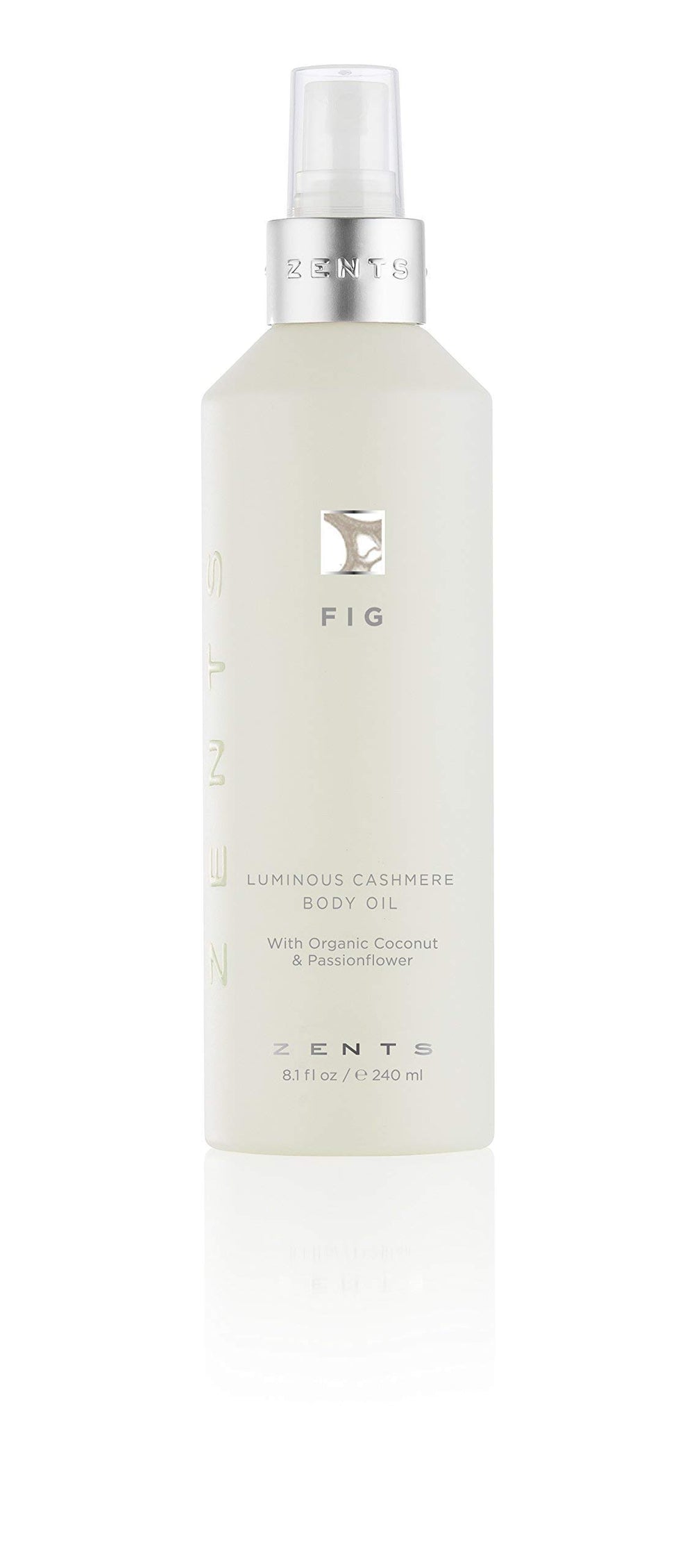ZENTS Luminous Cashmere Body Oil bottle with Fig fragrance for radiant, nourished skin after shower.