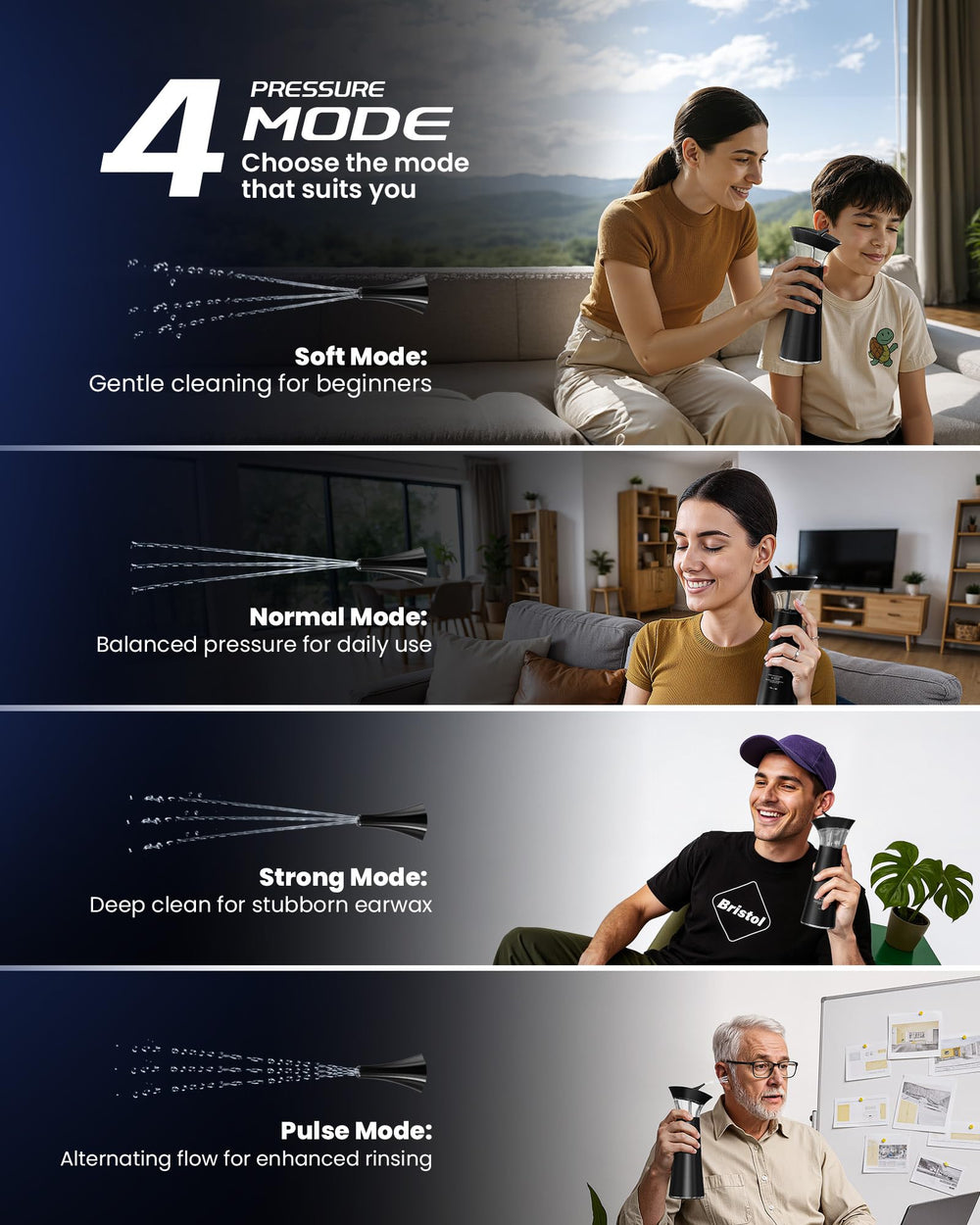 Smart temperature control stops safely if water overheats for safe ear care