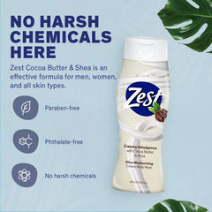 Pumped dispenser of Zest Cocoa Butter and Shea suggests easy daily use.