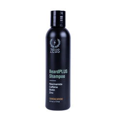 ZEUS BeardPLUS Shampoo bottle on display, daily beard care and hydration.
