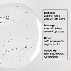 ZEUS BeardPLUS Shampoo close-up on hair showing hydrated, smoother texture.