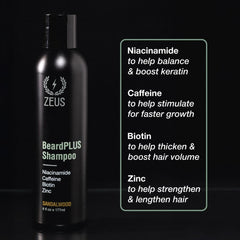 ZEUS BeardPLUS Shampoo lather shown in hand, cleansing beard and skin.