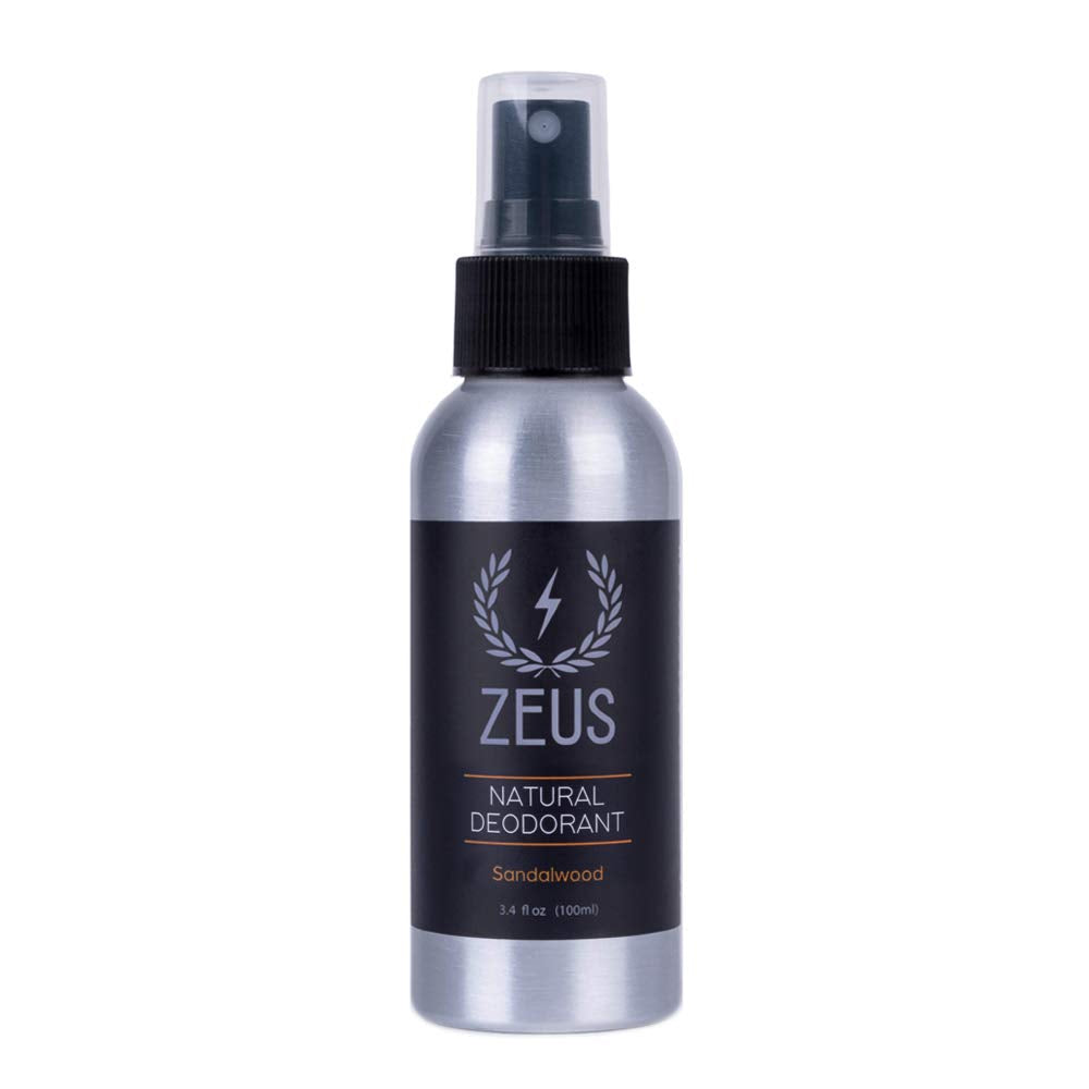 ZEUS sandalwood deodorant spray USA close-up, aluminum-free for all-day freshness.
