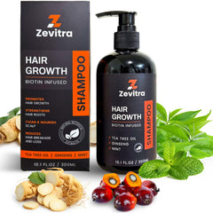 Zevitra Hair Growth Shampoo bottle on shelf signaling premium scalp nourishment.