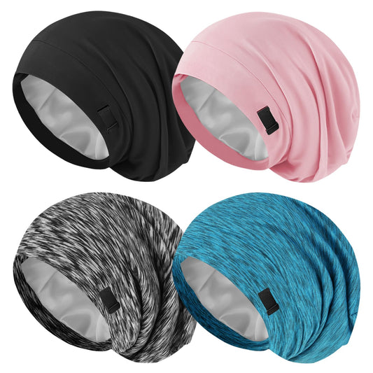 ZHENSILK silk satin-lined sleep cap shows gentle friction reduction for smooth curls.