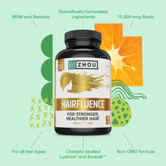 Zhou Hairfluence packaging showcasing vegan biotin supplement branding.