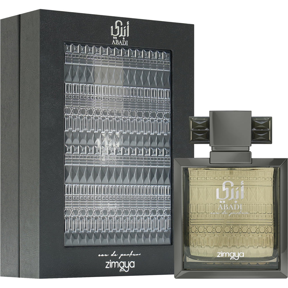 Zimaya Abadi Saga bottle closeup highlights warm notes of ginger and patchouli.