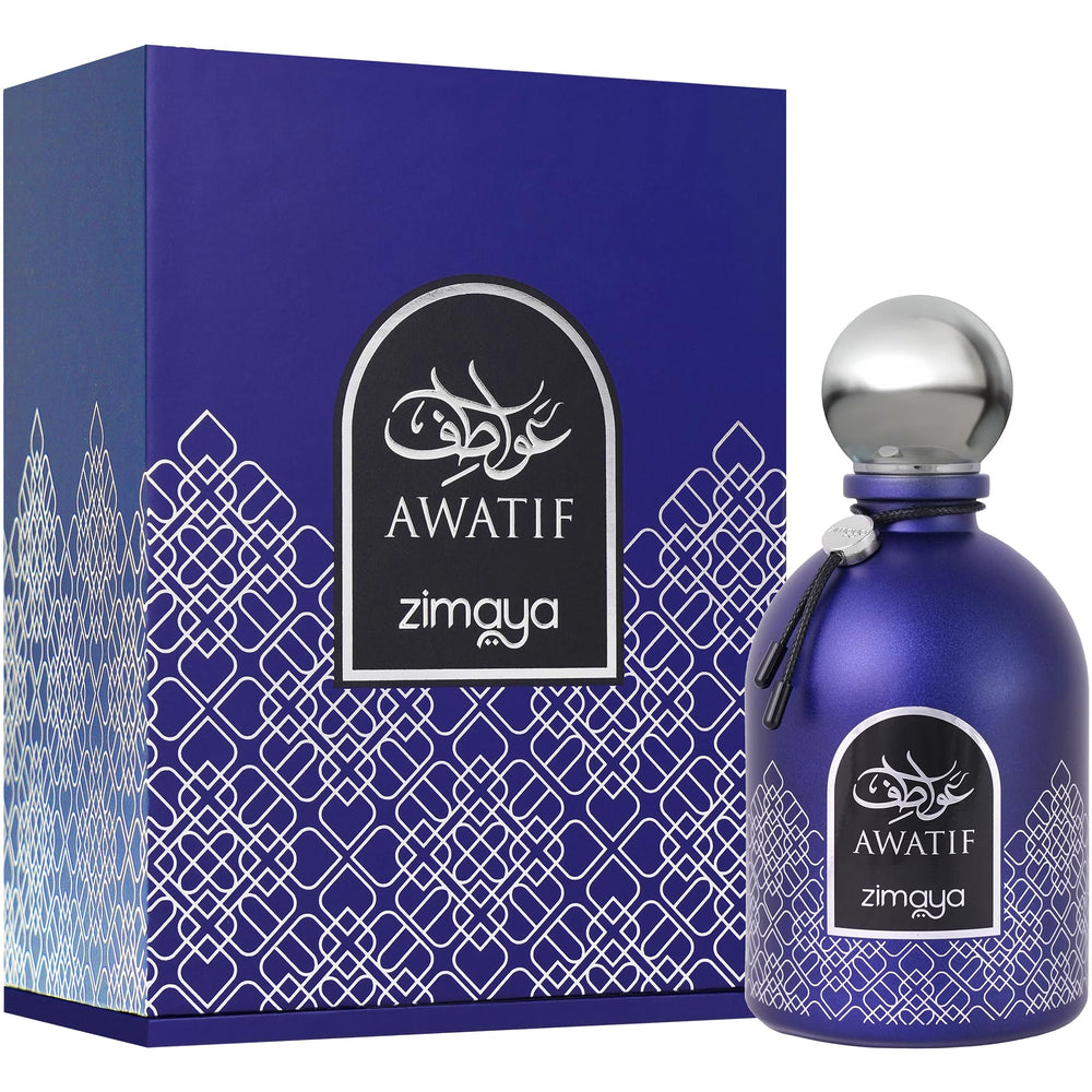zimaya Awatif Pour Homme bottle cap close-up highlighting warm woody finish for evenings