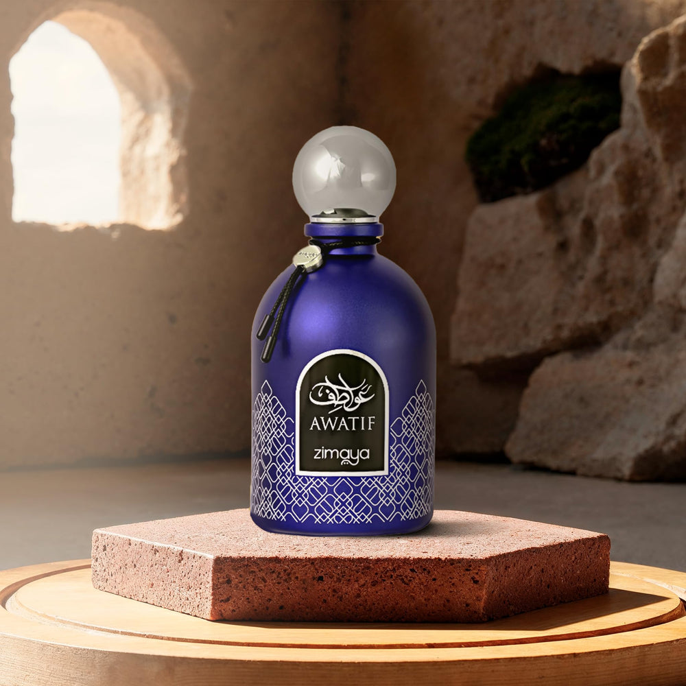 zimaya Awatif Pour Homme packaging and glass bottle on display for confident style