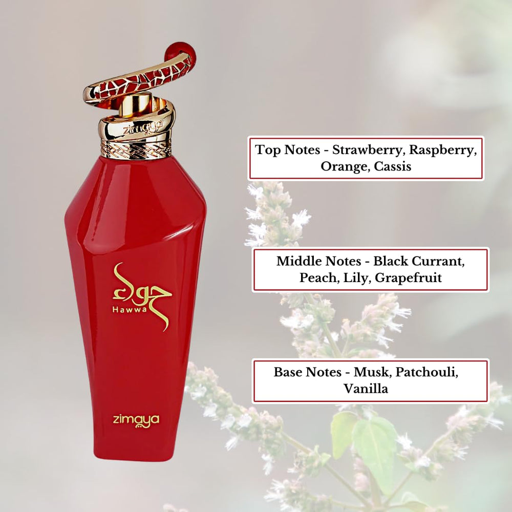Zimaya Hawwa Red bottle angled view reveals a sophisticated silhouette for events.