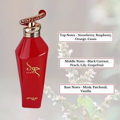 Zimaya Hawwa Red bottle angled view reveals a sophisticated silhouette for events.