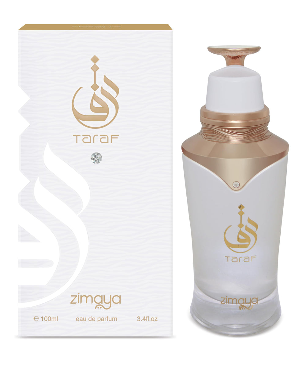 Zimaya Taraf White bottle front for daytime wear and floral-fruity appeal.