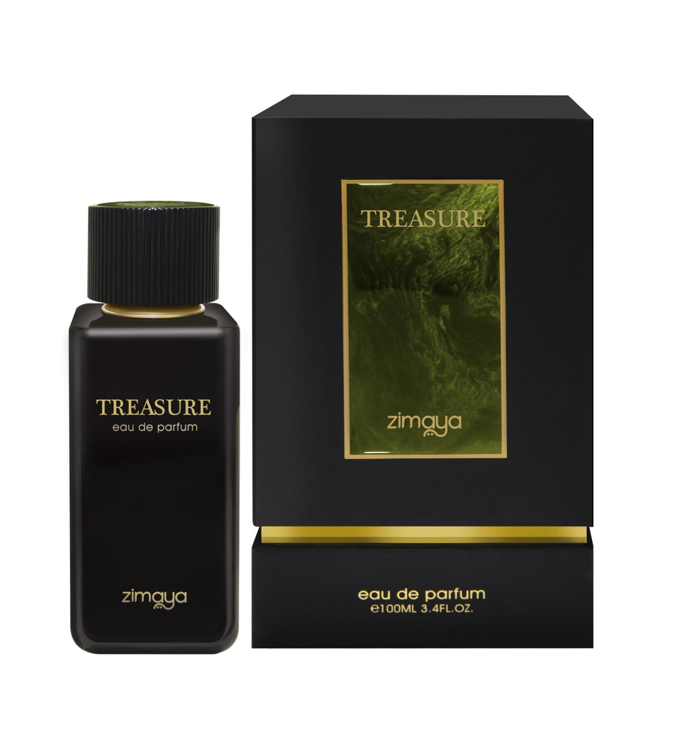 Zimaya Treasure Pour Homme bottle front view, highlighting fresh citrus for daytime confidence.