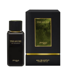 Zimaya Treasure Pour Homme bottle front view, highlighting fresh citrus for daytime confidence.