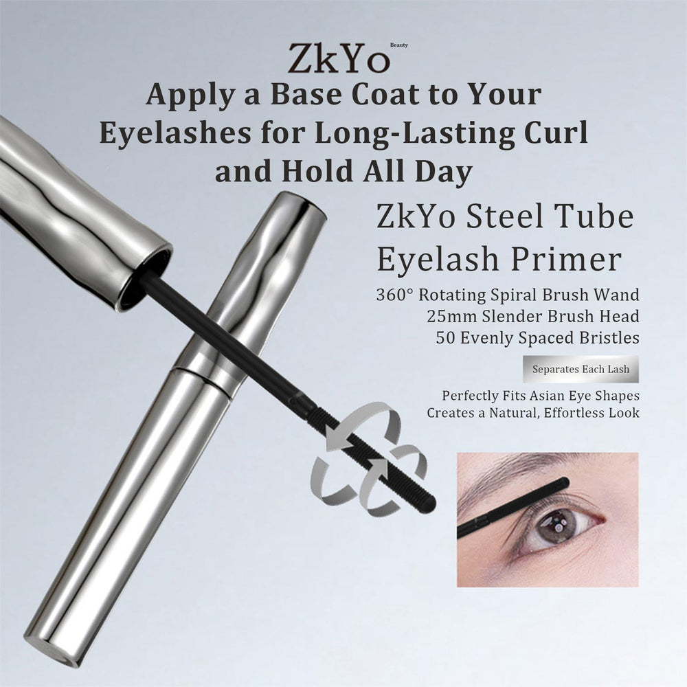 ZkYo Beauty before-after comparison shows lift and length with primer.