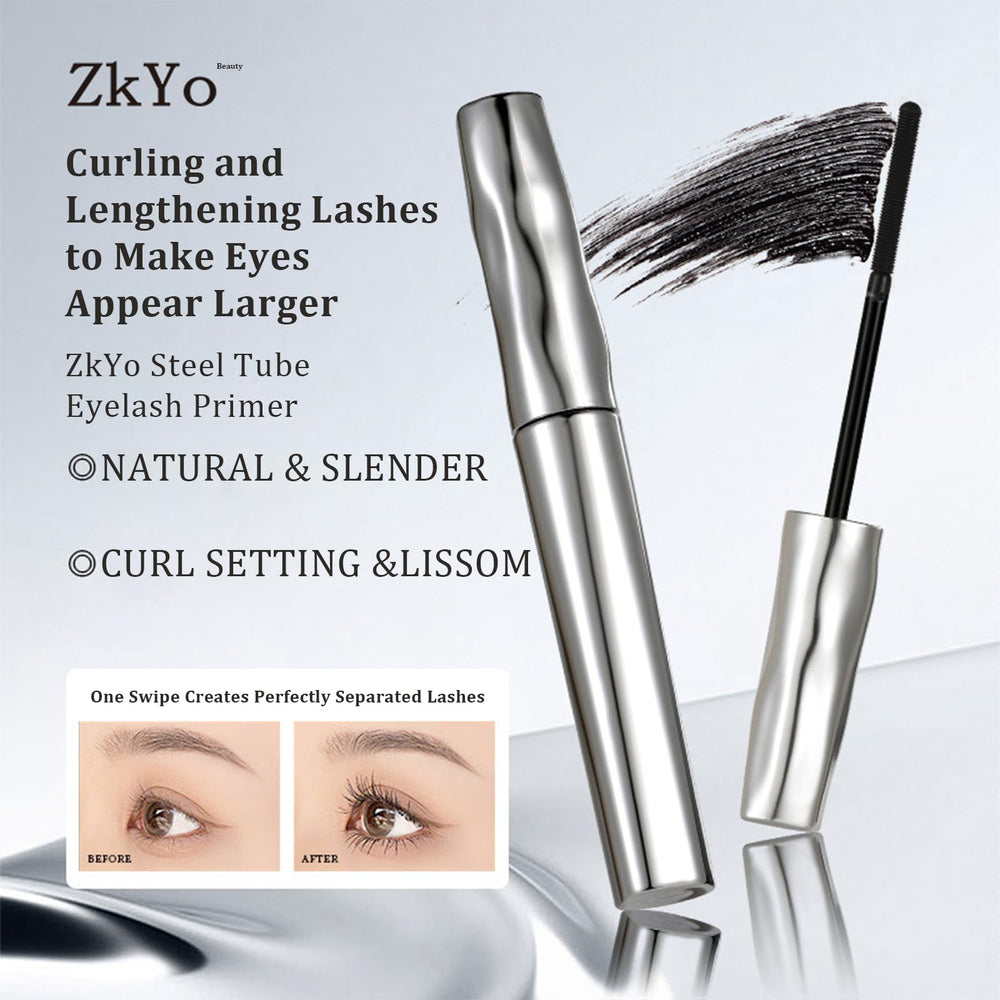 ZkYo Beauty steel-tube eyelash primer brush closeup highlighting smooth application.
