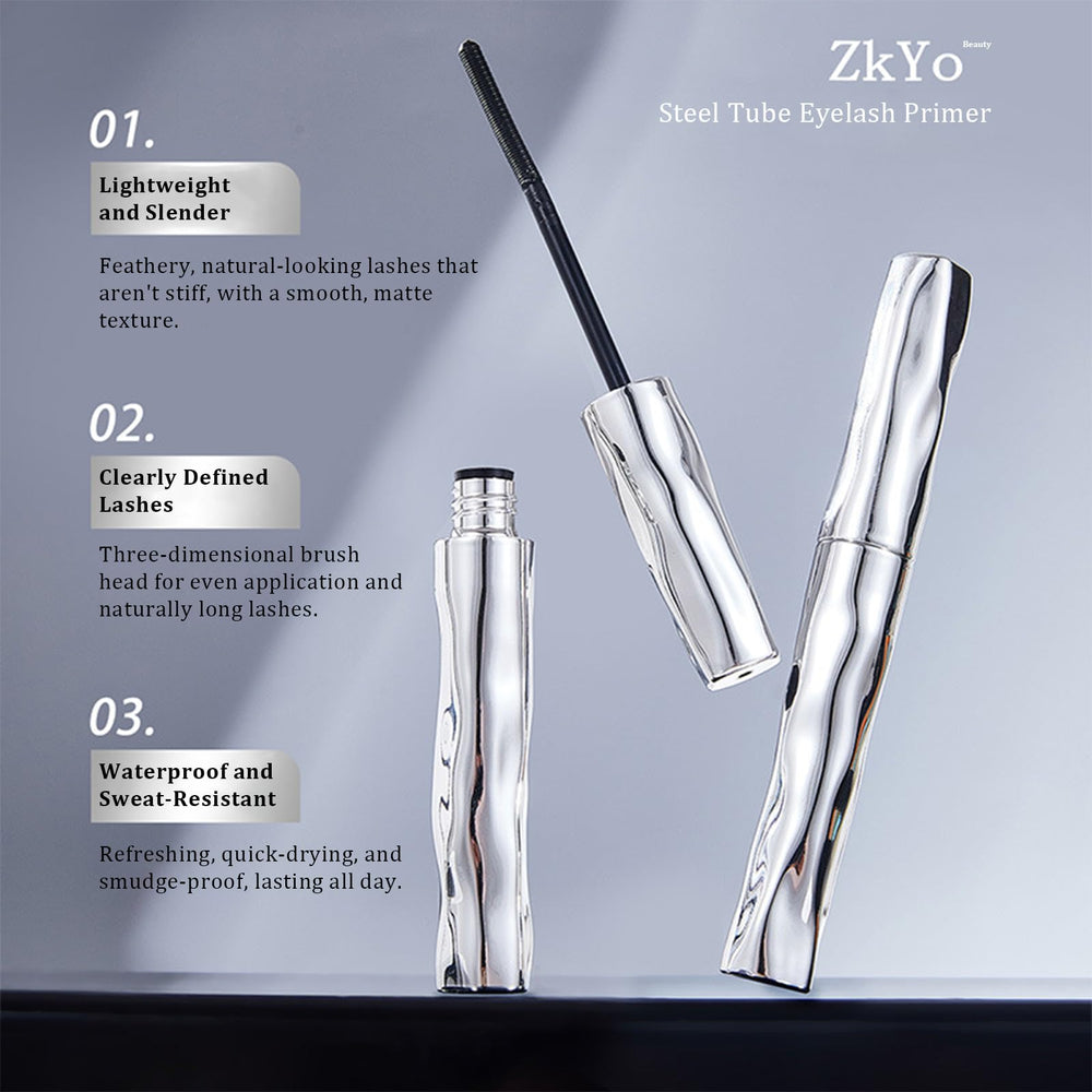 ZkYo Beauty eyelash primer on lashes illustrating full lift and separation.