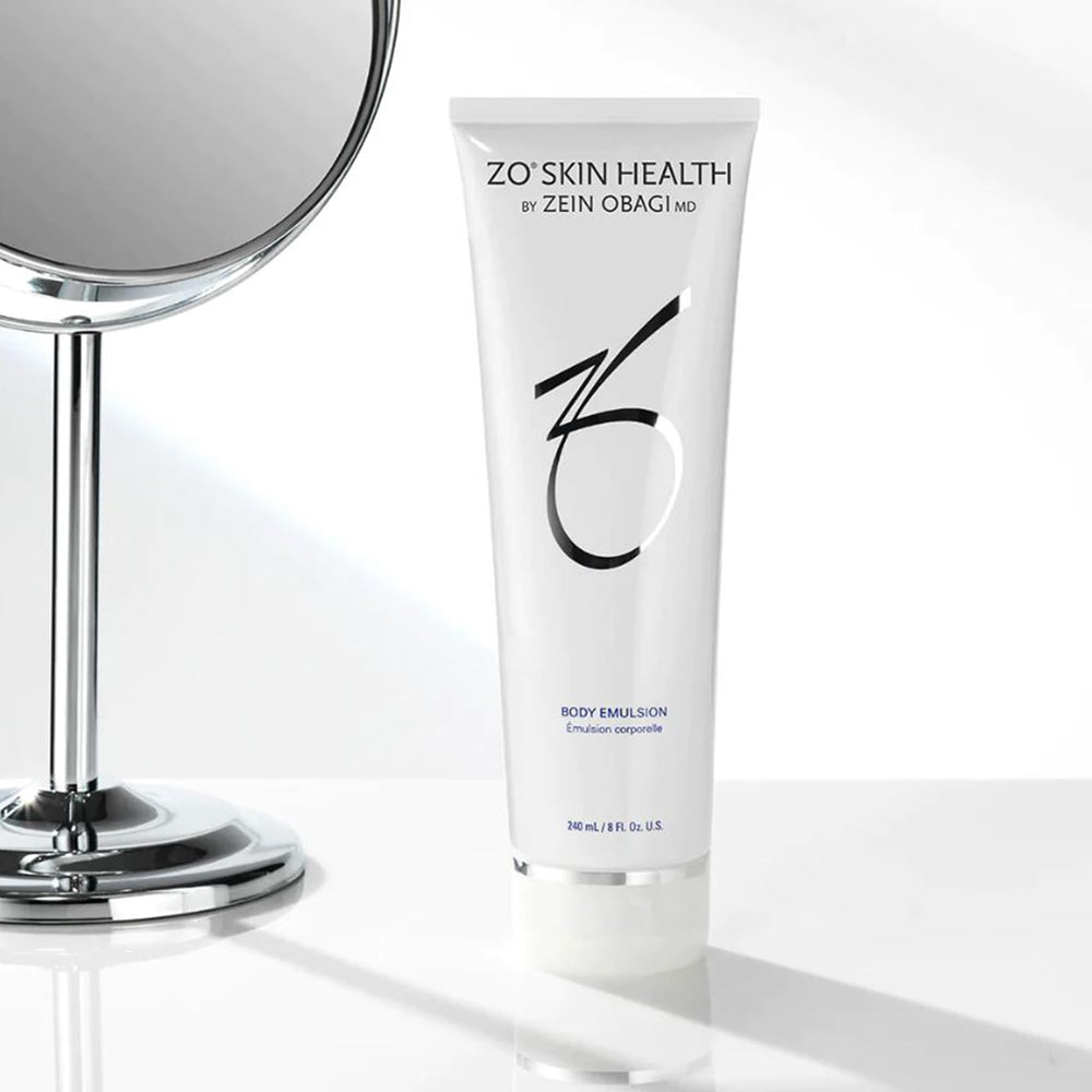 ZO SKIN HEALTH Body Emulsion packaging shot on minimalist backdrop