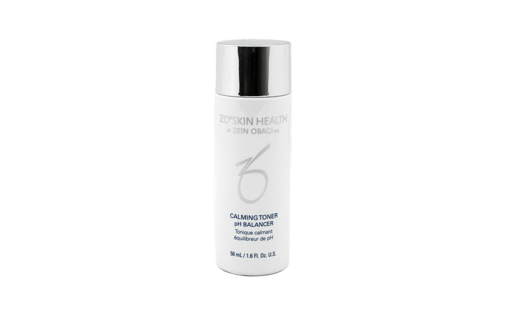 ZO SKIN HEALTH Calming Toner label highlights a pH-balanced formula for refreshed skin.
