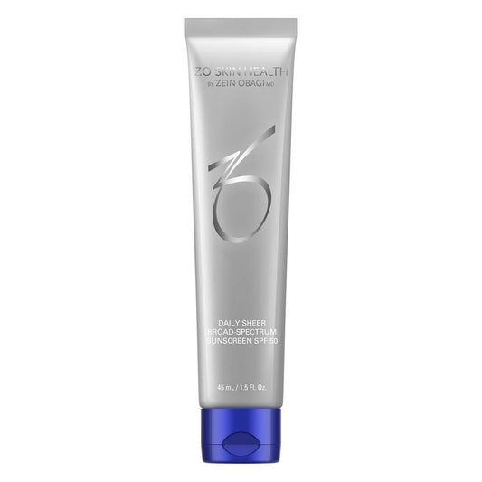 ZO Skin Health Daily Sheer SPF 50 bottle front shows a lightweight, hydrating sunscreen for daily protection.