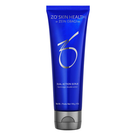 ZO SKIN HEALTH Dual Action Scrub tube close-up showing exfoliating texture for pores