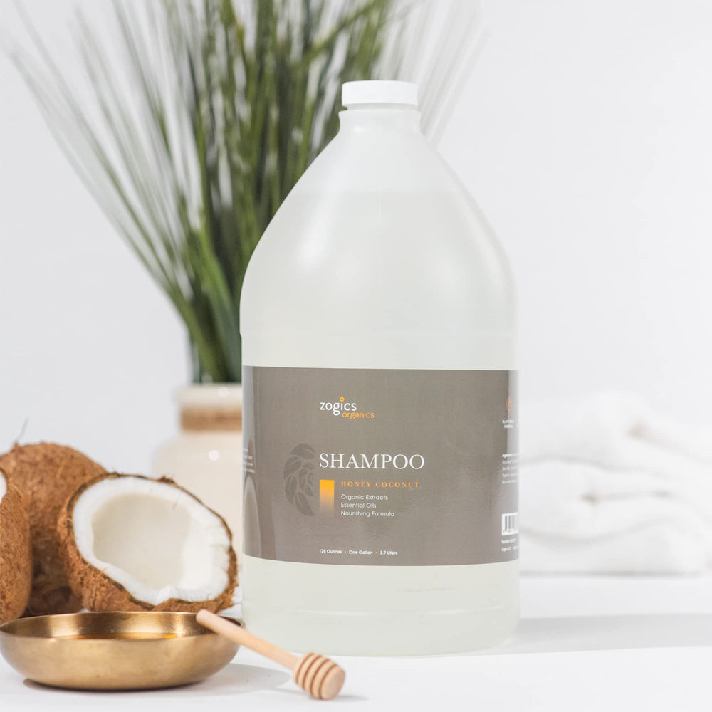 Zogics Organics Shampoo bottle pour demonstrates easy dispensing for quick showers