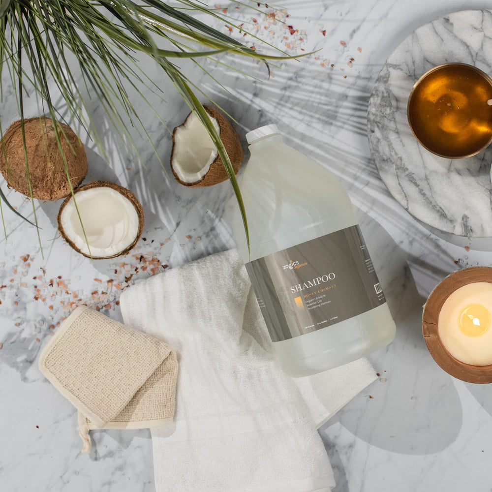 Zogics Organics Shampoo ingredients avocado and aloe close-up suggests nourishing care