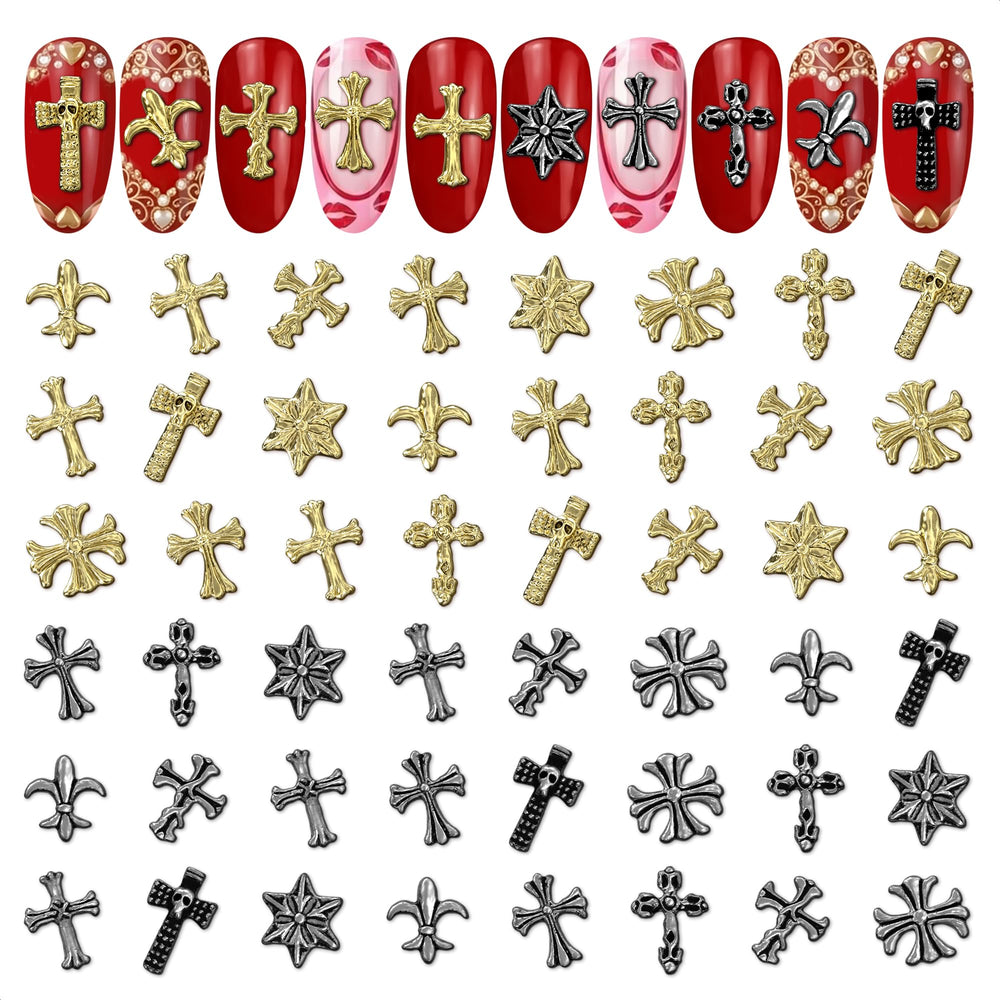 ZOKLU silver and gold cross nail charms with 3D metallic finish for shine