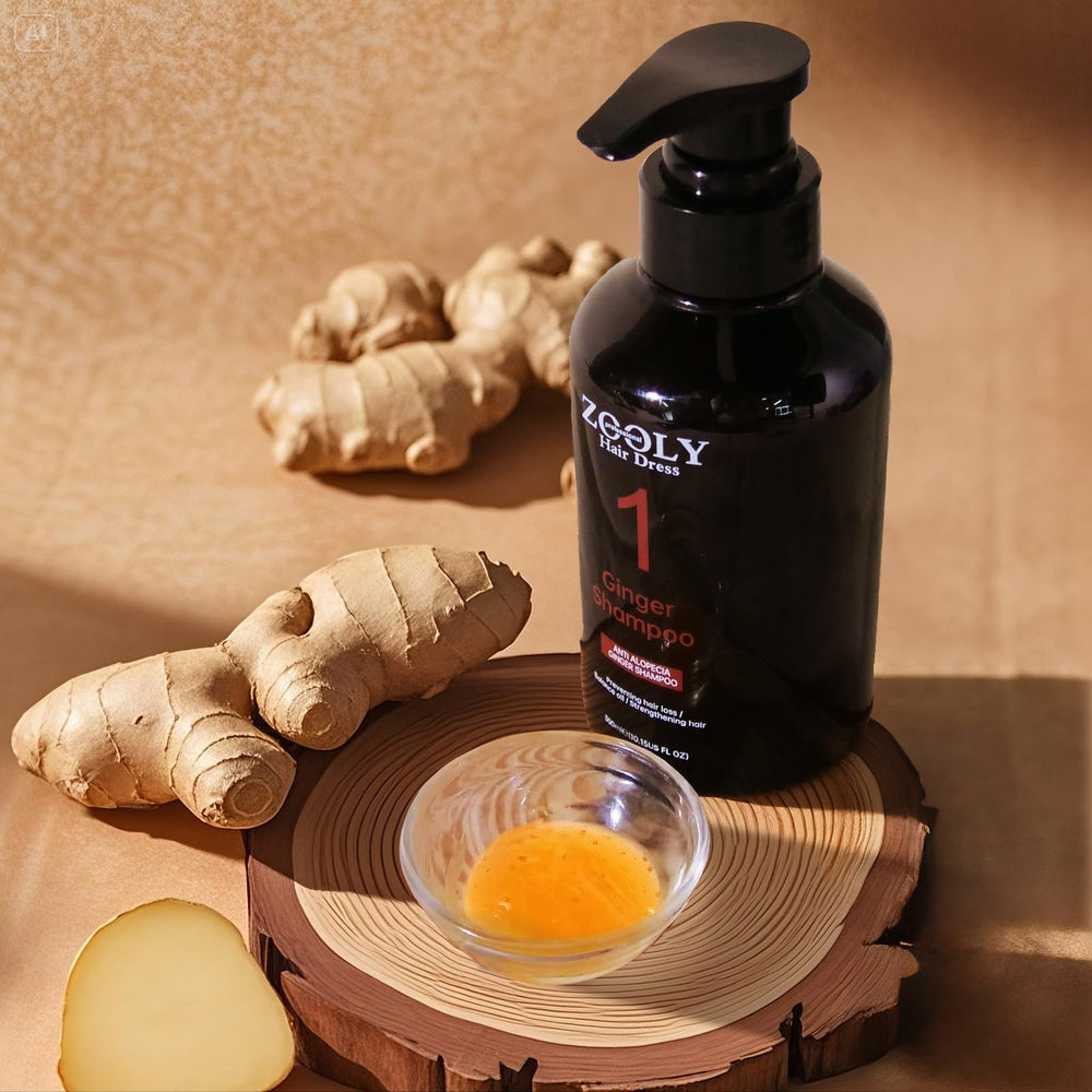 Zooley Ginger Shampoo amber liquid texture with spa-like scent.