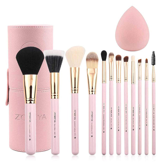 Z'OREYA 12-piece pink makeup brush set with travel case for organized on-the-go beauty.