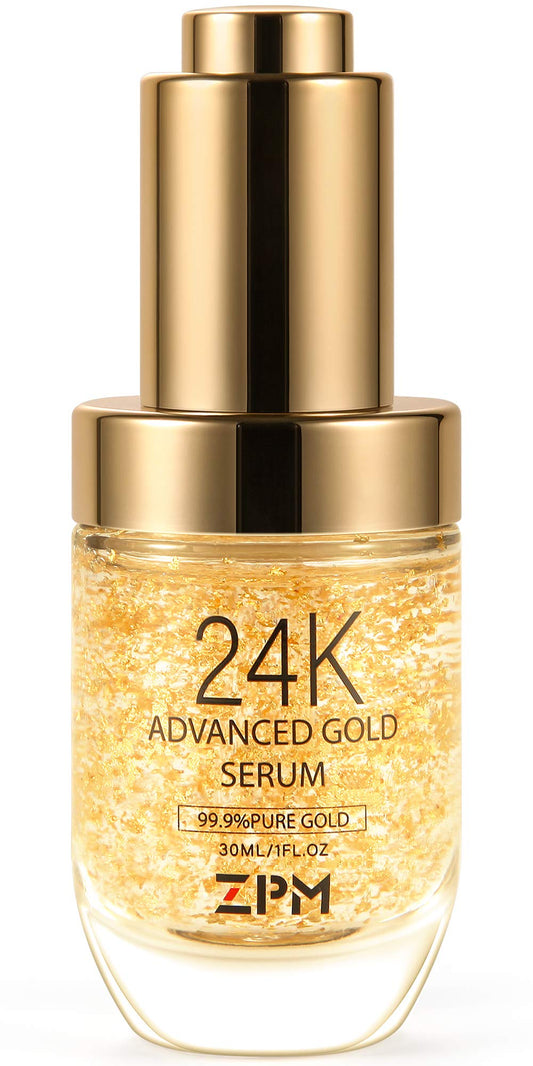 ZPM 24K Gold Serum bottle cap showcases luxury anti-aging care for daily use.
