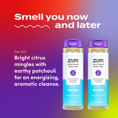 Close-up of Zum Sea Salt label reveals natural, vegan formula.