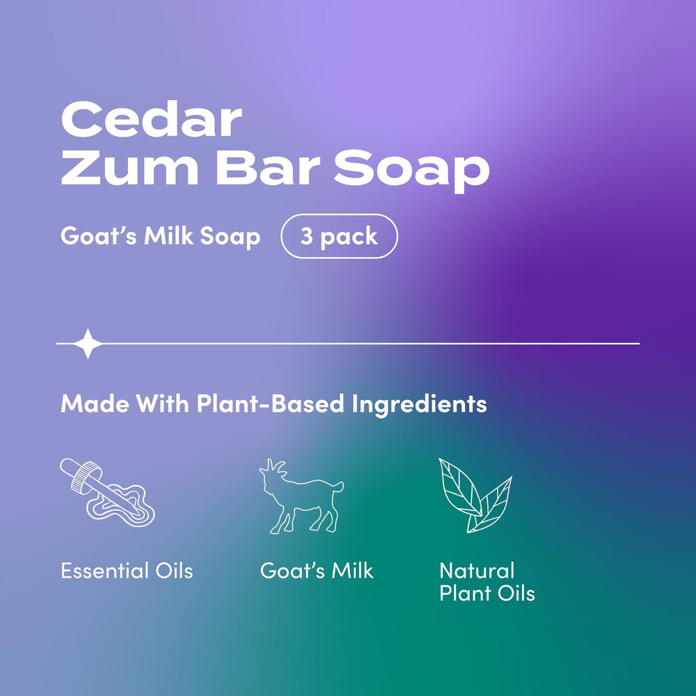 Zum Indigo Wild cedar soap close-up shows creamy lather and natural ingredients.