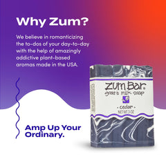 Zum Indigo Wild cedar hand and body bar on bathroom shelf.