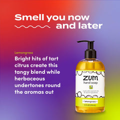 Zum Indigo Wild Hand Soap lemongrass scented bottle highlights refreshing wash experience.