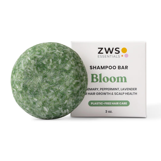 ZWS Essentials Bloom Shampoo Bar with rosemary-lavender-peppermint for scalp refresh and hair vitality.
