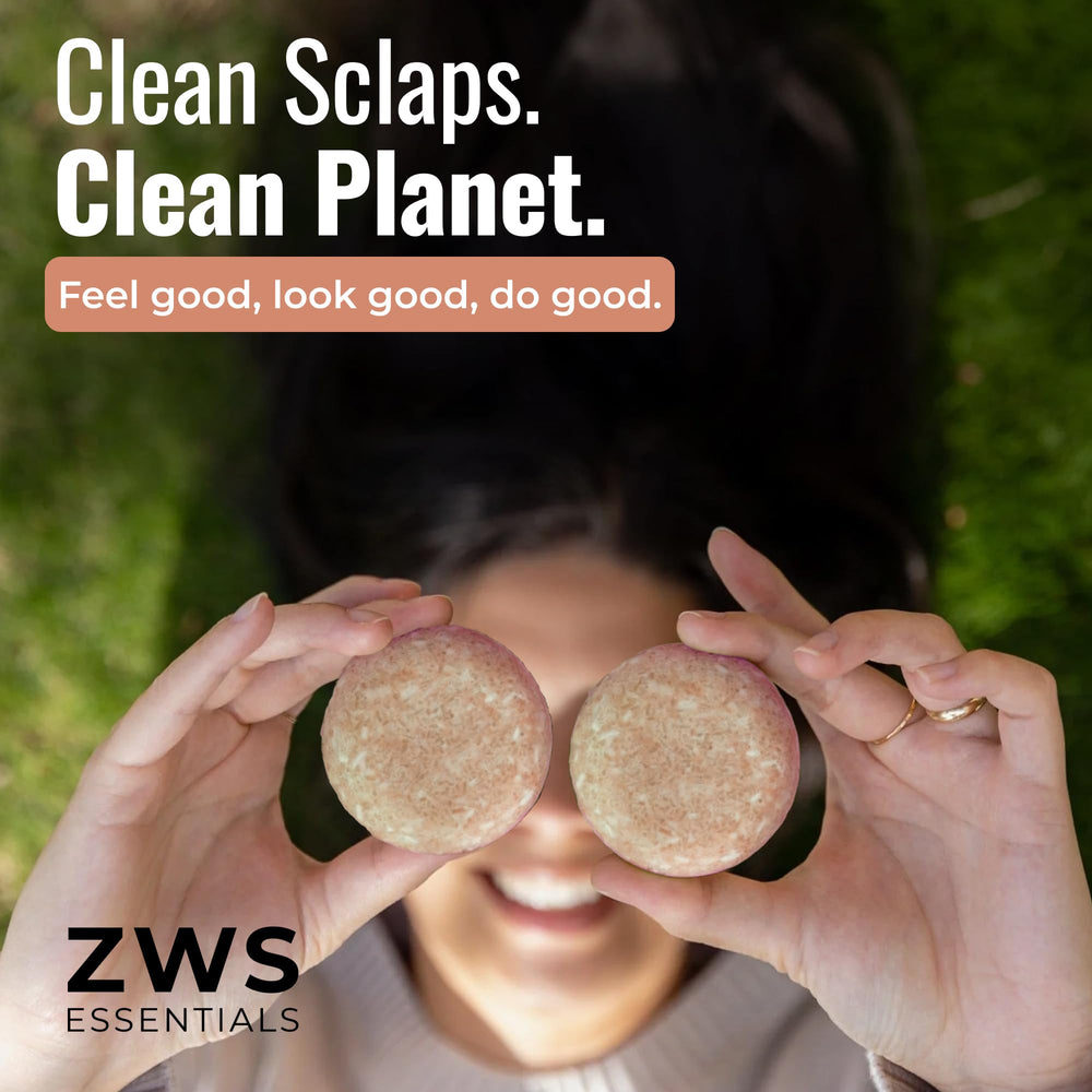ZWS Essentials Driftwood Shampoo Bar on a bathroom shelf promotes zero waste.