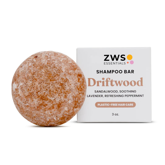 ZWS Essentials Driftwood Shampoo Bar packaging highlights zero waste design.