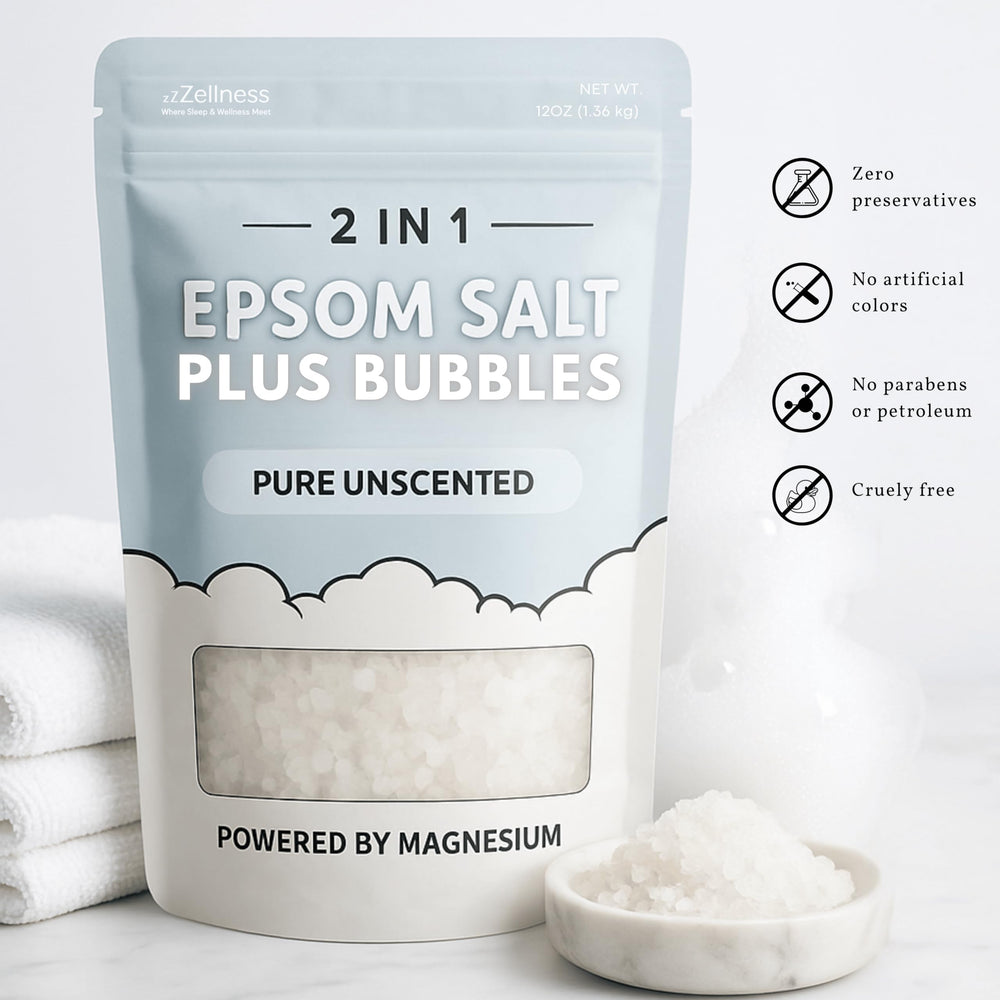 ZZZELLNESS Epsom Salt Plus Bubbles pour shot showcases fast-dissolving magnesium sulfate in warm water.