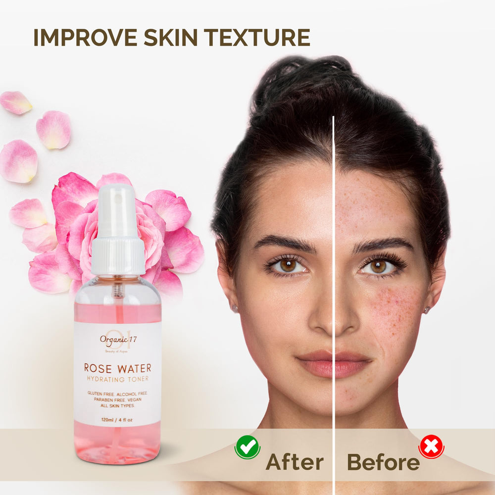 01 Organic 17 Rose Water Toner Mist applied to skin for refreshing hydration