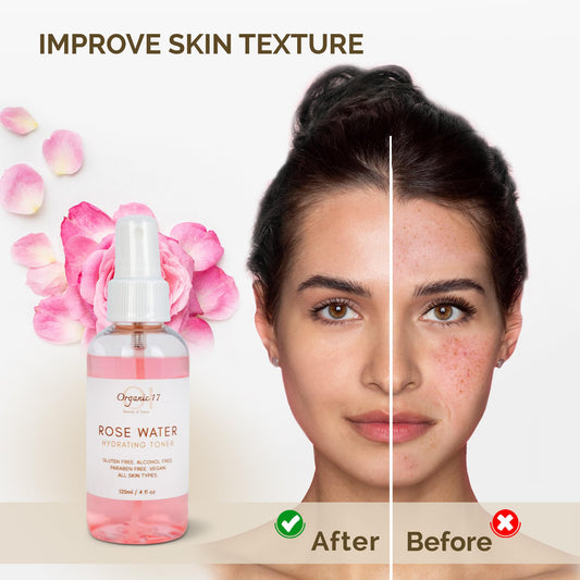 01 Organic 17 Rose Water Toner Mist applied to skin for refreshing hydration