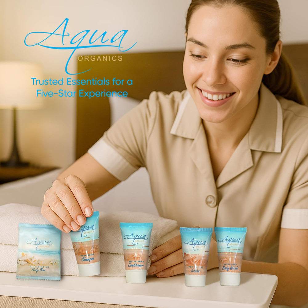 1-Shoppe All-in-Kit Aqua Organics bulk set packaging display for hotels