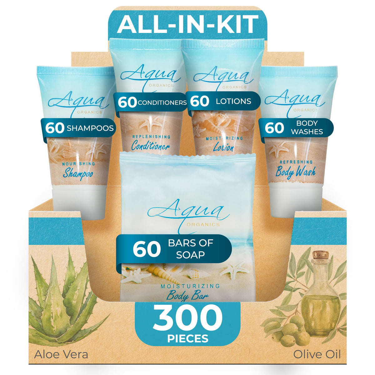 1-Shoppe All-in-Kit Aqua Organics shampoo 1oz bottle for guest-room use