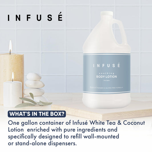 1-Shoppe All-in-Kit H2O Tropical Infuse bottle beside wall dispenser for hospitality use.